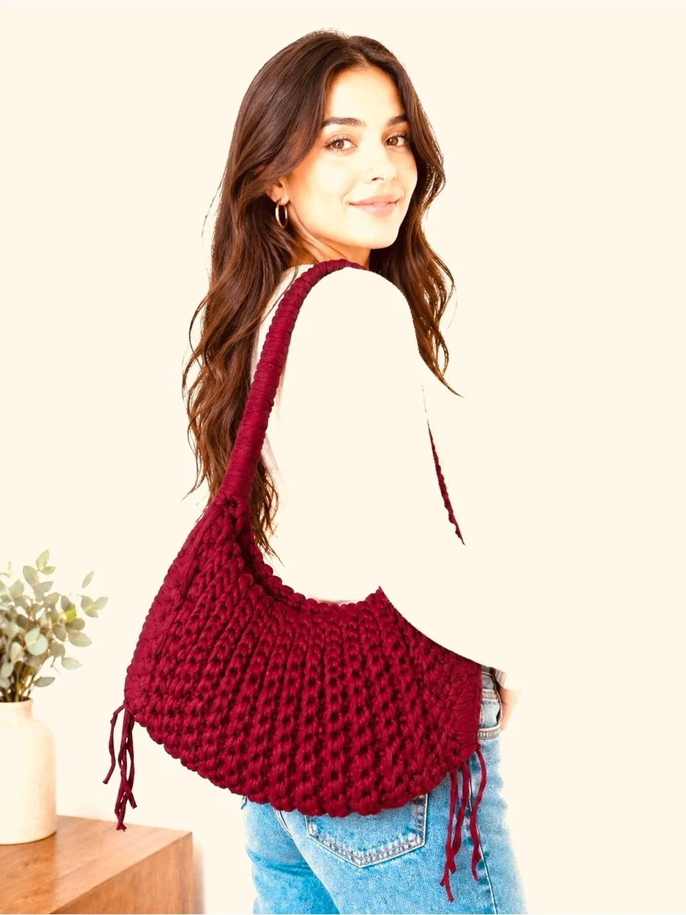 Handmade Burgundy Red Crochet Hobo Shoulder Bag